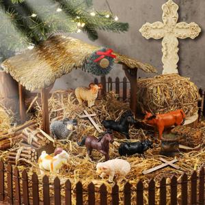 Thyle 20 Pcs Christmas Nativity Scene Manger Shed Kits Miniature Stable for Christmas Nativity Table Top Decor Including Thatched Roof, Fence, Farm Animals, Hay Bales & Tools Firewood Pile Cow
