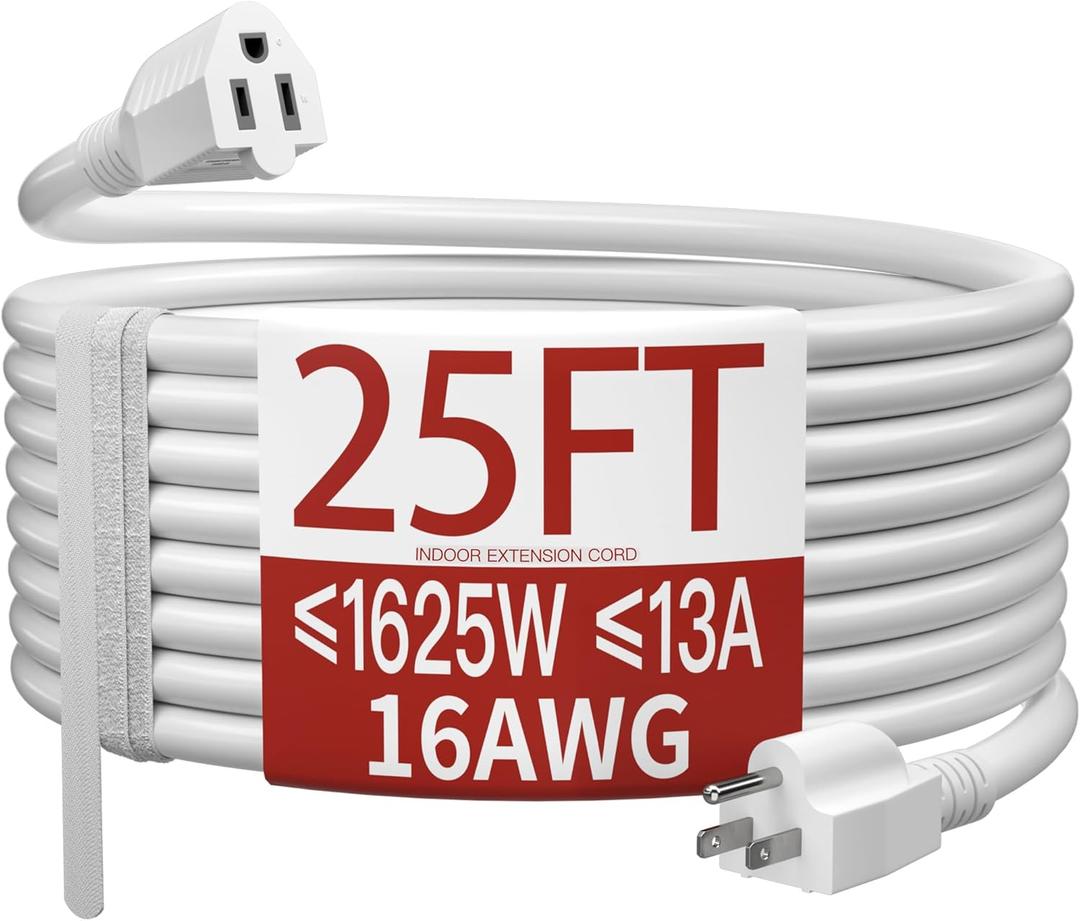 Skrizcable 16/3 25 Ft Indoor White Extension Cord, Flexible & Flame Retardant White 3 Prong Power Cord Indoor for Home and Office, 13 Amps 1625 Watts 125 VAC 16AWG, ETL Listed