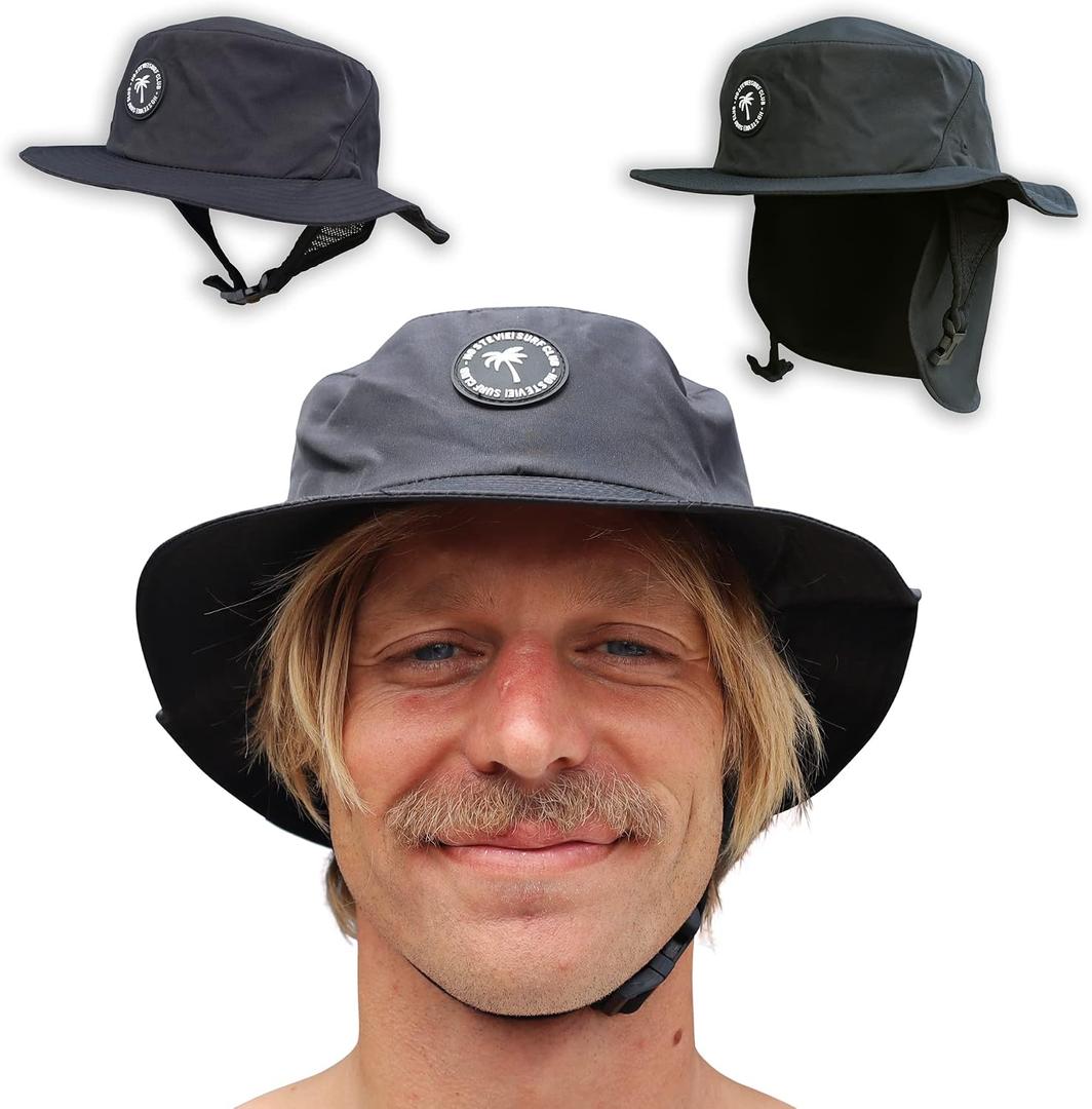 Surf Bucket Hat with Chin Straps - Stays On for Wipeouts and Duck Dives - Sun Protection Without Messy Sunscreen (Black, M)