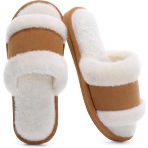 SHIBEVER Women's Slippers Fuzzy Open Toe Slip On Indoor House Shoes Comfy Bedroom Women Slippers (5-6, Brown)