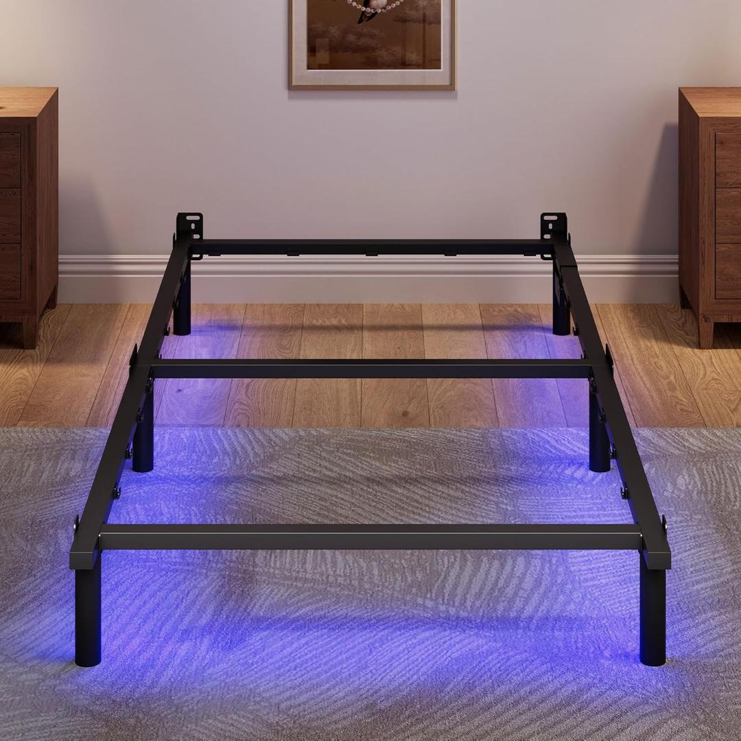 Twin Size Bed Frame with LED, 7 Inch Metal Steel Bedframe for Box Spring and Mattress, Heavy Duty Basics Bed Base with Charging Station, Noise Free, Easy Assembly, Black