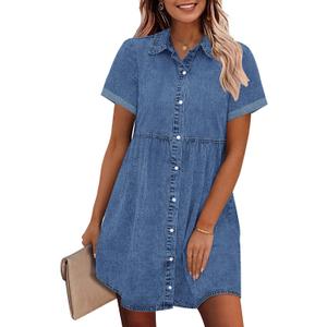 GRAPENT Denim Dress for Women Babydoll Tiered Short Sleeve Button Down Jean Shirt Dresses (Large)