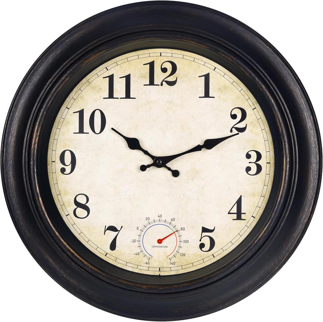 Outdoor Clock Waterproof with Thermometer Wall Clock for Patio Pool Bathroom Kitchen 18 Inch Bronze, Large