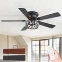 52 Inch Flush Mount Ceiling Fans with Lights and Remote, Double-Sided 5-Blade, 6-Speed Reversible DC Motor, Modern Low Profile Ceiling Fan Crystal Fandeliers for Bedroom Living Room Kitchen (Black)