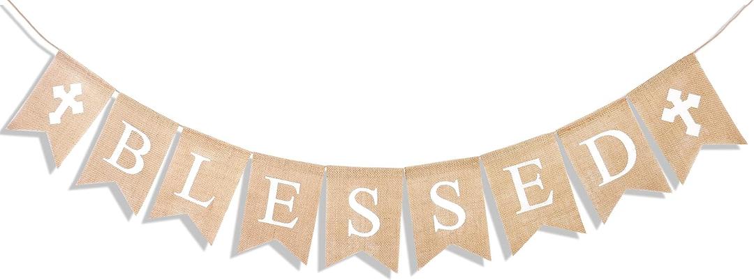 Uniwish Blessed Burlap Banner Easter Baptism Decorations Garland for Home Fireplace Dcor Vintage Rustic Hanging Sign Party Supplies