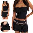 Hafailia Summer Two Piece Outfits for Women Y2K Going Out Tie Ruched Tube Crop Tops Low Rise Pleated Mini Skort Skirt Sets (X-Small, Black)
