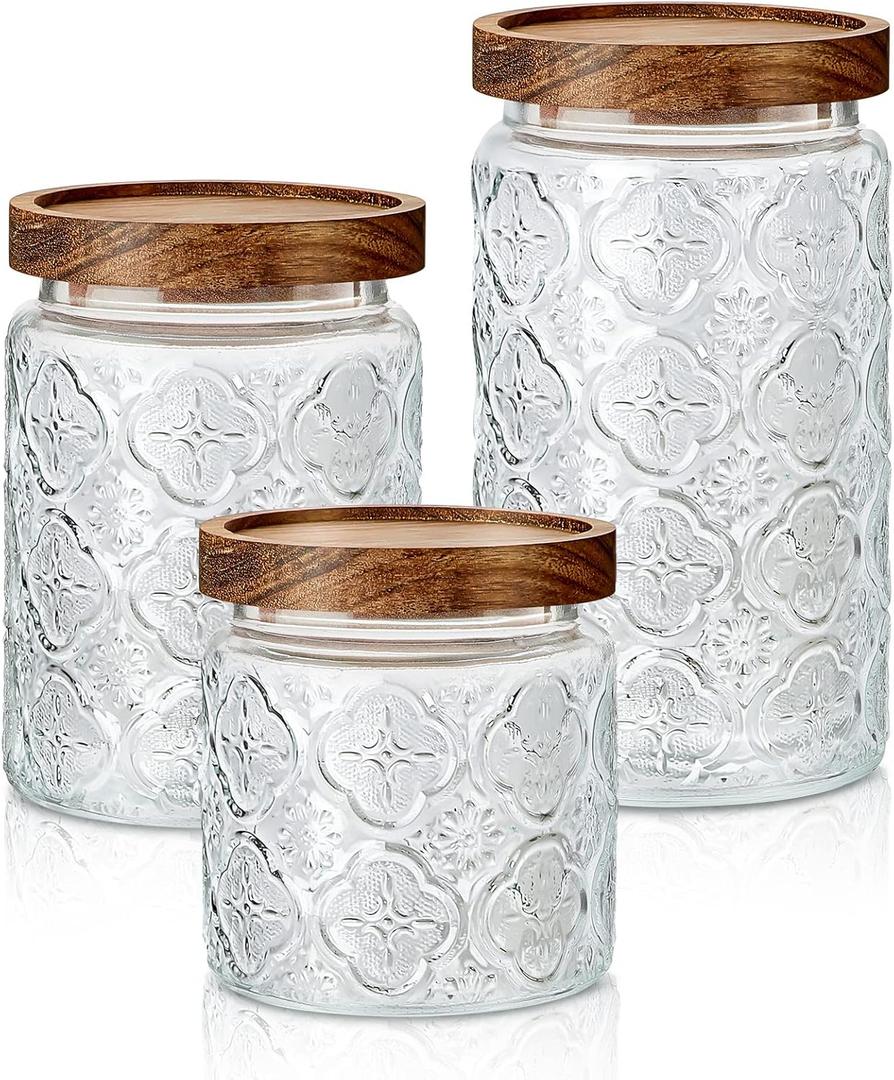 Gerrii 3 Pcs Glass Food Storage Containers 17/24/34 oz Vintage Glass Jar with Lid Begonia Pattern Airtight Candy Food Jars Canisters for Kitchen Counter Pantry Coffee Tea Beans (Round)