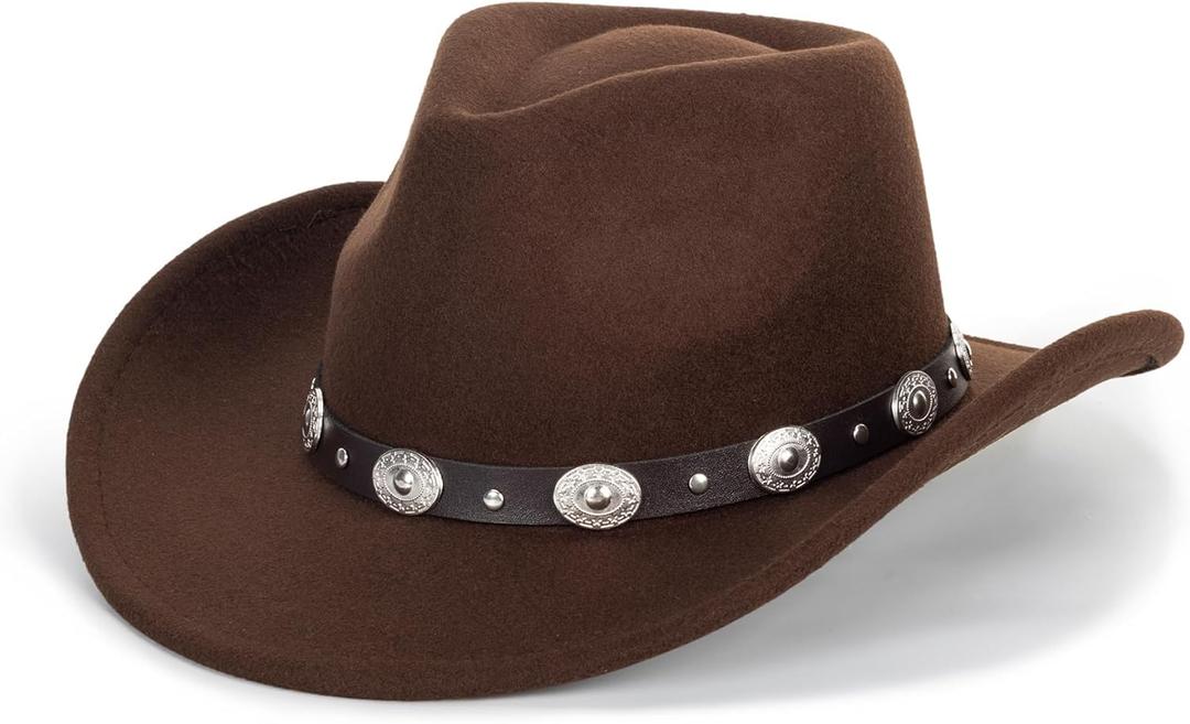 Kids Western Cowboy Hat Wide Brim with Band Wool Felt Vintage Jazz Fedora Cowgirl Hats for 3-7 Years Boys Girls (Medium, Coffee-q2)