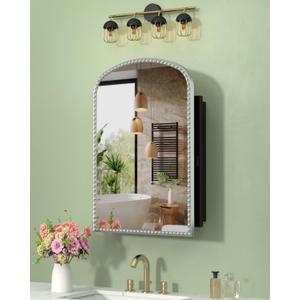 20x28 Inch Daisy Beaded Arched Medicine Cabinet with Mirror, Wall Mounted or Recessed, Bathroom Vanity Mirror with Storage Full-Metal Cabinets, 2 Adjustable Shelves and 1 Organizer Bling Silver