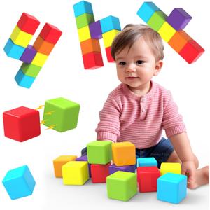 Magnetic Building Blocks Large, 1.65 inch Magnetic Stacking Cubes for Toddlers, Sensory & Montessori Toys for Boys & Girls 1 2 3 Years Old (12 PCS) (Multicolor - 12 Pieces)