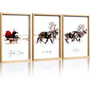 HKBS Framed Christmas Wall Art Decor, Set of 3 Christmas Wall Canvas Prints Pictures Farmhouse Santa Claus Is Coming To Town for Holiday Home Decorations Indoor (12"x16", Burlywood)