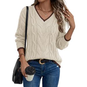 LaGracia Women's Oversized Cable Knit V Neck Sweaters Trendy Color Block Sweater Pullover 2026 (L)