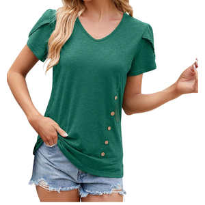 Vislily Womens Summer Tops Casual V Neck T Shirts Trendy Petal Short Sleeve Button Decor Tunics Blouses Tee Tunics 1XL