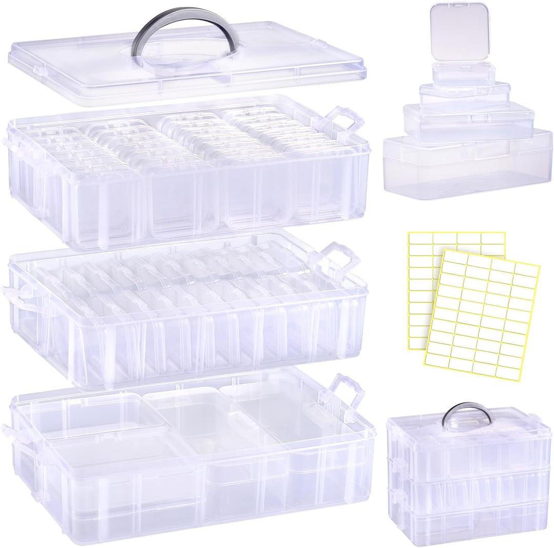 Funtopia Bead Organizers and Storage, 56 Pcs Small Plastic Containers with Lids and 3-Tier Stackable Storage Box, Mini Clear Organizers for Jewelry Toys Craft Storage (4 Sizes)