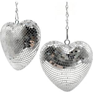 Heart Shaped Disco Ball Decor - 2 Pack 6 Inch Hanging Mirror Ball for Room Decor, Retro 70s Disco Party Decorations for Bachelorette, Wedding, Valentines Day, Birthday, Silver