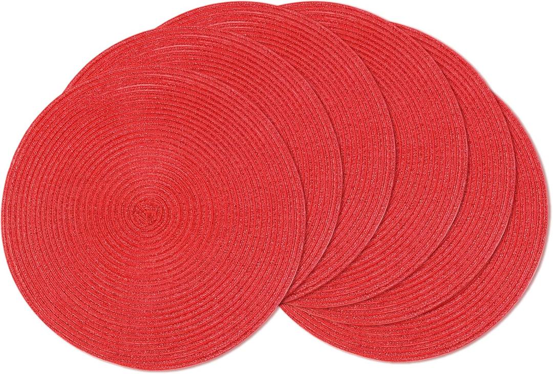 AHHFSMEI Round Braided Placemats 15 Inch Round Table Mats for Dining Tables Natural Woven Heat Resistant Place mats Set of 6 (Red Shine)