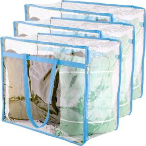 Clear Vinyl Zippered Storage Bags (3-Pack) 40L Sturdy Storage Bags for Sweaters, Blankets, Comforters, Bedding Sets and Much More! (Light Blue, 18x15x9)
