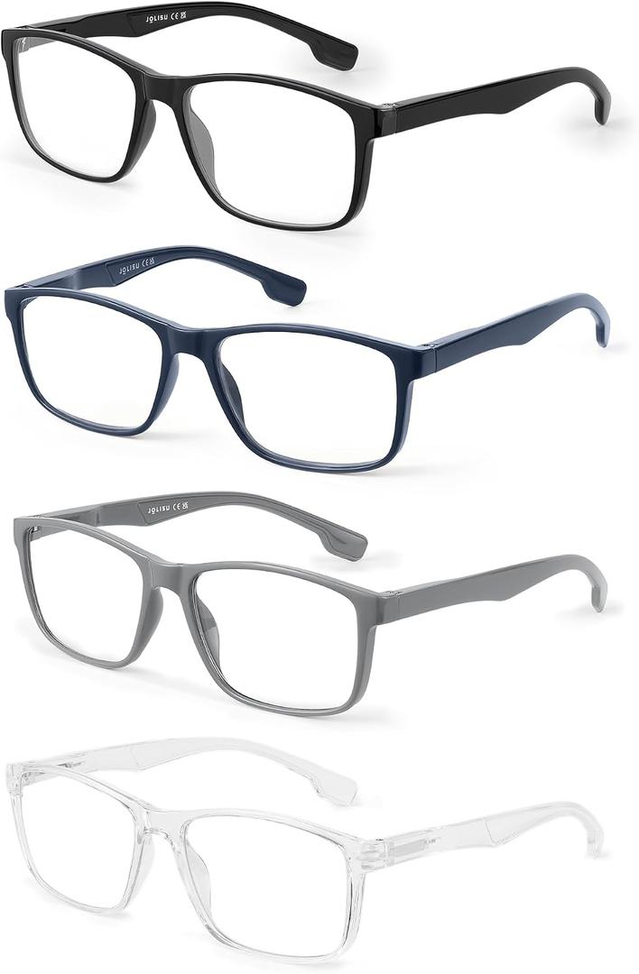 JOLISU 4 Pack Reading Glasses Men Blue Light Blocking with Spring Hinge, Anti Eyestrain/UV Large Wide Square Computer Readers