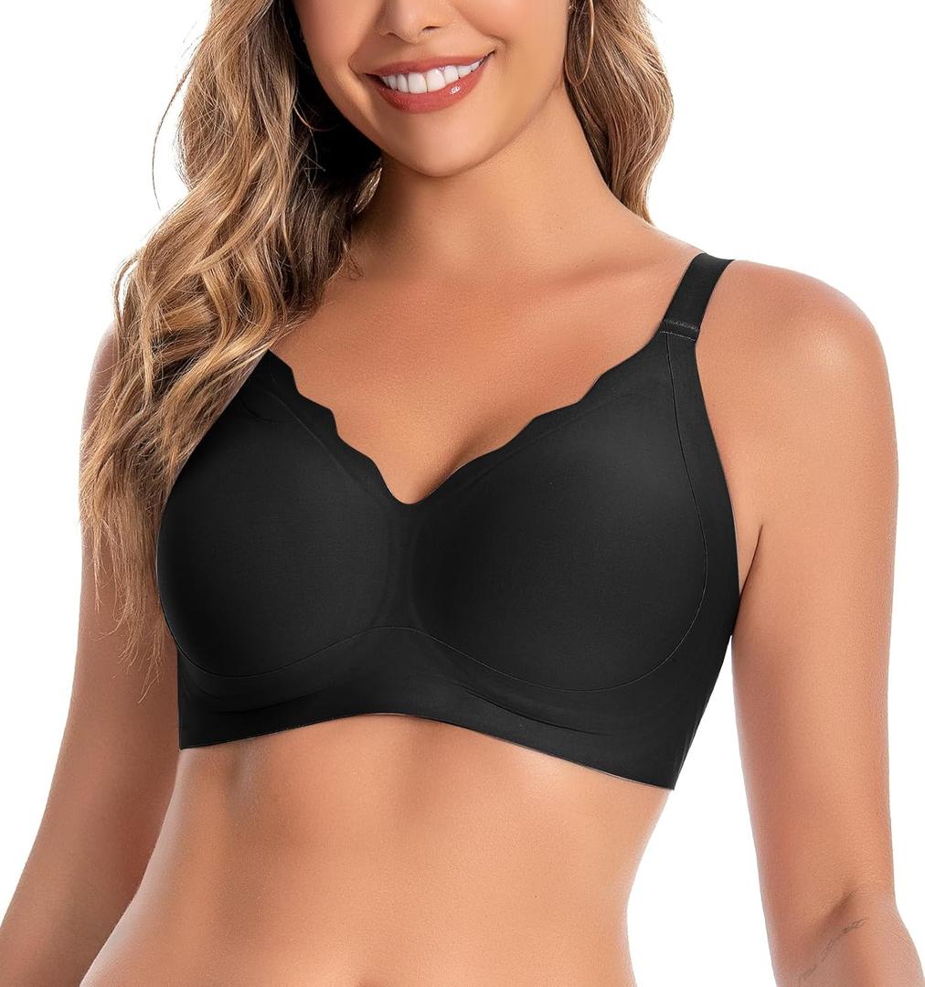 Womens Seamless Bras No Underwire Supportive Wireless Push Up Full Coverage Bralette Comfort Scalloped T-Shirt Bra (Black)