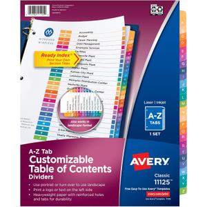 2 x Avery A-Z Dividers for 3 Ring Binders, 26 Tabs per Set, Customizable Table of Contents, Multicolor Tabs, Great for Organizing Reports, Projects, and More (11125)