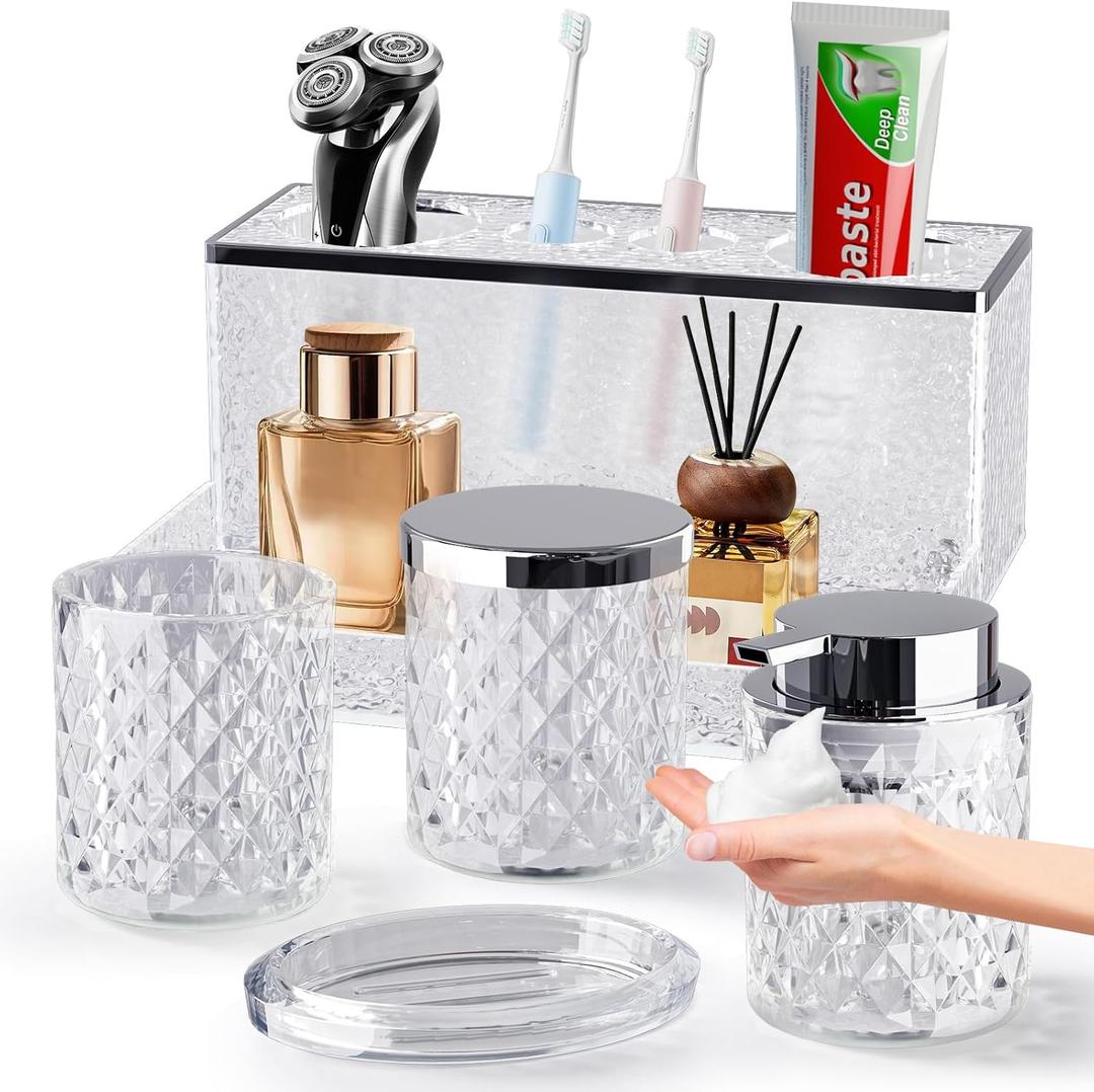 Glass Bathroom Accessories Set 5Pcs Crystal - Foaming Soap Dispenser, Soap Dish, Cup, Acrylic Toothbrush Holder with Tray Organizer, Qtip Jar, Bathroom Counter Set Sink Decor (Clear)