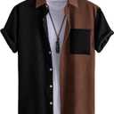 Milumia Men's Casual Button Up Shirt Pocket Short Sleeve Colorblock Blouse Tops (Medium, Black and Brown)