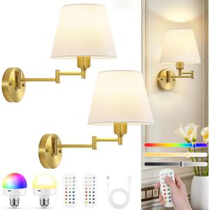 Battery Operated Wall Sconce, Wireless Rechargeable Wall Lights, Swing Arm Wall Lamps with Remotes Dimmable 15 Colors Detachable Bulbs, Gold Sconces Wall Decor Set of 2 for Bedroom Living Room