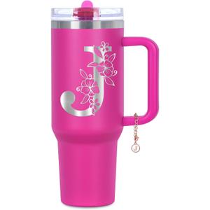Personalized 40 oz Monogrammed Tumbler with Handle & Flip Straw, 100% Leak Proof stainless steel Insulated Tumbler, Customized Initial Funny Gifts for Women Mom Sisters Coworker, J