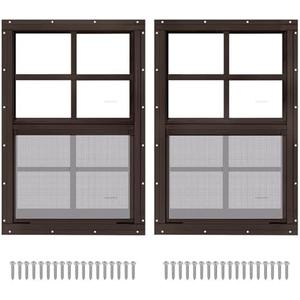 2 Pack 16" x 16" Brown Shed Window with Tempered Glass and Fiberglass Screen Household Sliding Windows with Screws for Shed, Chicken Coop, Playhouse, Garage and Barns