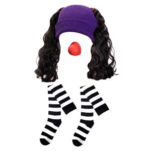 Women's Clown Costume Accessories Set With Purple Hat Wig Black And White Stripes Socks Clown Nose for Halloween Cosplay Party (Purple) (Loonette)