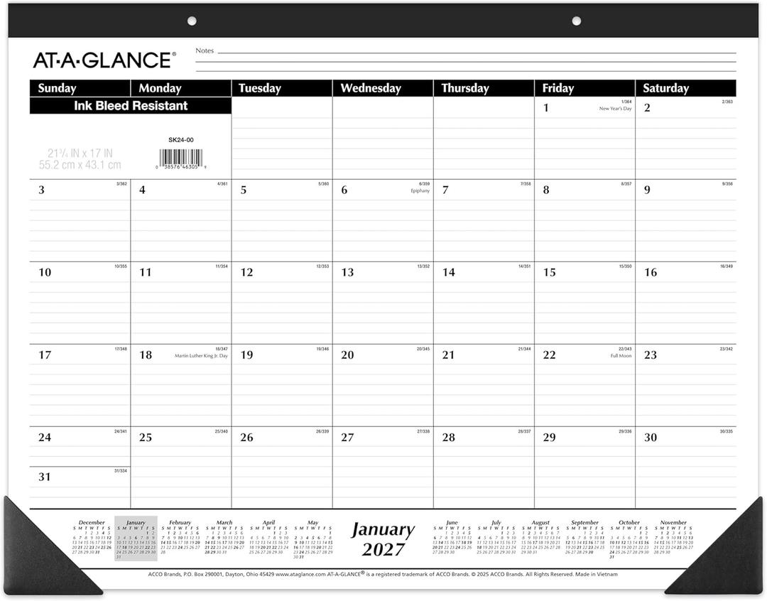 AT-A-GLANCE 2027 Desk Pad Calendar, Monthly Desk Wall Planner, 21.75" x 17", Ruled Blocks (SK240027), White, Pack of 1