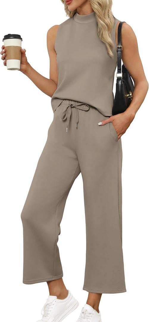 SAMPEEL Two Piece Sets for Women Summer Outfits Lounge Sets Mock Neck Tops Wide Leg Crop Pants Vacation Travel Outfits (Beige, XL)