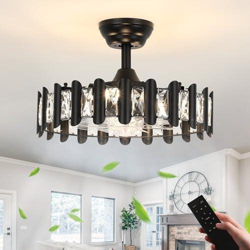 Crystal Ceiling Fan with Light and Remote, 18" Caged Ceiling Fan with Lights, Modern Industrial Black Ceiling Fans with Lights for Bedroom, Living Room, Dinning Room(6 Speeds and Reversible)