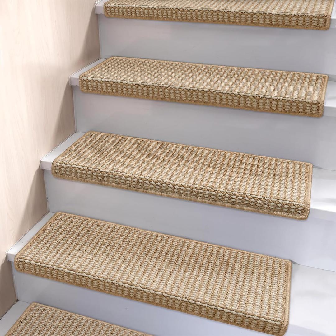 Brakki Bullnose Carpet Stair Treads, Stair Treads for Wooden Steps Indoor Runner and Pets, Non Slip Soft Edging Staircase Protectors, Washable, 29.5"x9.5"x1.5" 14pcs, Beige and Cream