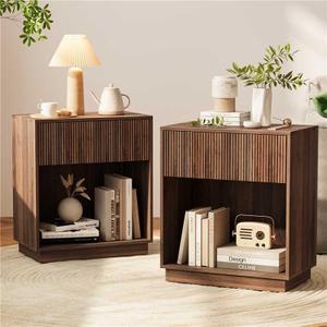 Fluted Nightstands Set of 2, Modern Bedside Table with Drawer and Storage Shelf (Walnut)