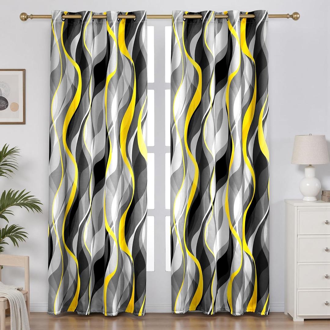 weesire Yellow and Grey Curtains Modern Striped Decorative 50% Light Blocking Darkening Grommet Yellow Curtain for Living Room Villa, Bedroom Gray and White 2 Panels Set, 52x96 Inches
