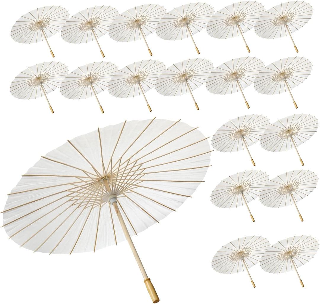 20 Pack Paper Umbrellas - Chinese & Japanese Parasols, Decorative DIY Oiled Paper Painting Umbrellas for Wedding Bridal Party Decor, Photography Prop, White, 23.8 Inches