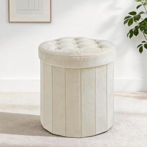 CAROLMADE Round Storage Ottoman, Velvet Folding Footrest Stool with Thicker Foam Padded Seat, Versatile Vanity Stool for Living Room, Bedroom or Dorm, Beige, 17.3''H