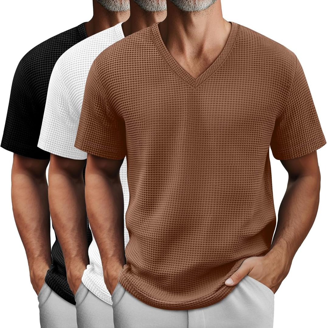 August Alley 3 Pack Men's Waffle T Shirts, V Neck Moisture Wicking Pullover Tee Shirts Short Sleeve Lightweight Knitted Tops (Black, White, Brown)