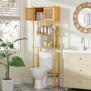 Over The Toilet Storage Cabinet Bamboo, 4-Tier Over Toilet Organizer Rack Freestanding Toilet Shelf for Bathroom, Laundry, Space Saver, Natural Color