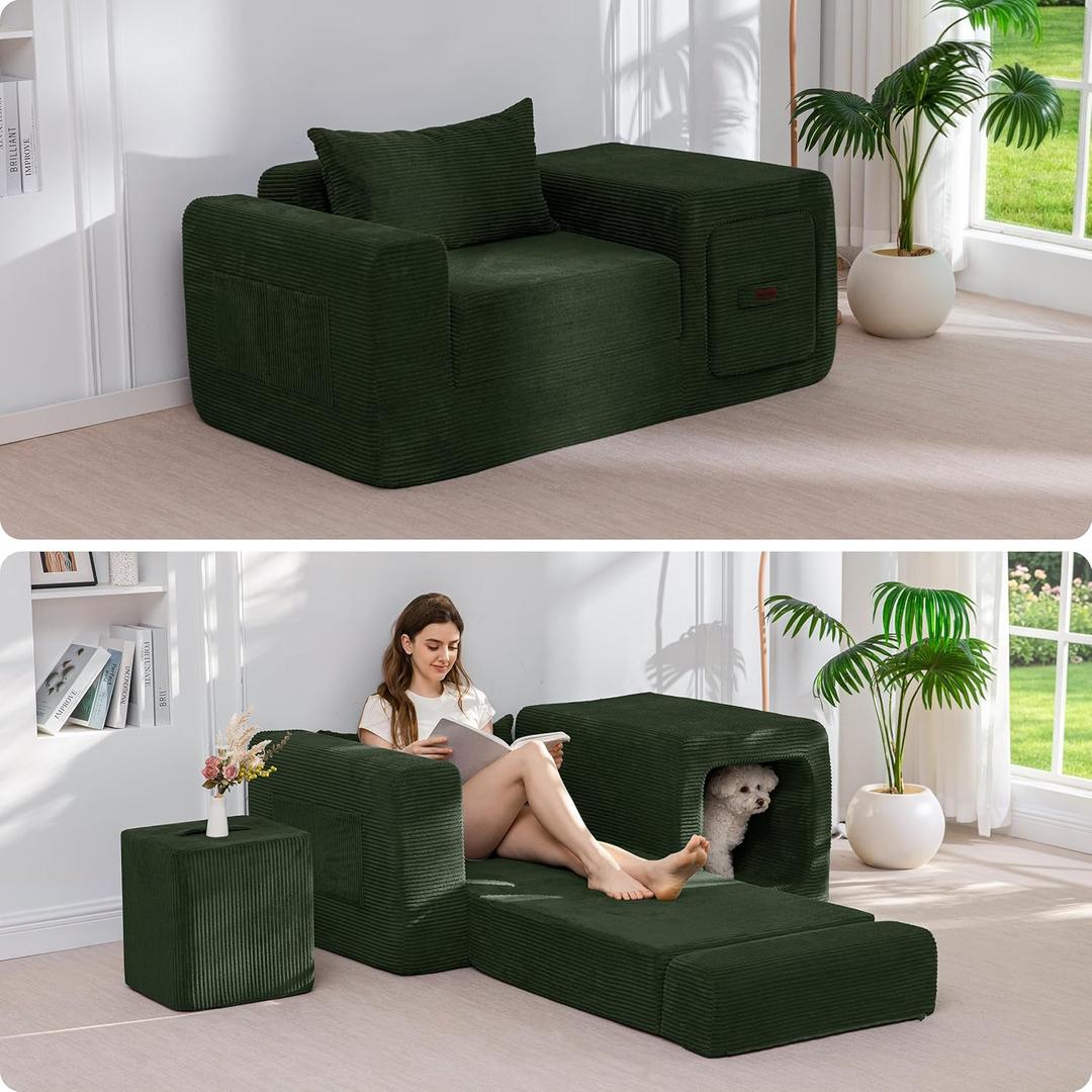 MAXYOYO Folding Sofa Couch, Convertible Floor Sofa with Armrest, Multifunctional Sofa with Pillow and Pockets, Boneless Couch for Living Room, Dark Green, Standard