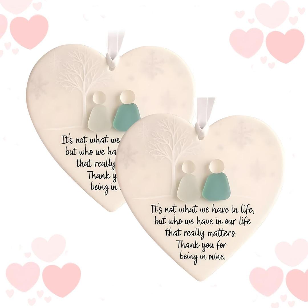 2Pcs Heart-Shaped Sea Glass Friendship Decor,Timeless Friendship Heart Keepsake - Christmas Pendant,Sea Glass Art for Christmas Tree Hanging Ornaments,for Friends or Lovers