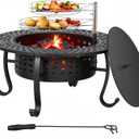 FDW 36 Inch Fire Pit with 2 Adjustable Grills, Wood Burning Fire Pits for Outside with Lid & Fire Poker, BBQ& Outdoor Firepit & Round Metal Table 3 in 1 for Patio, Picnic, Party