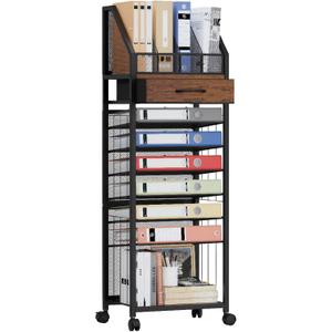 SWTYMIKI 9-Tier Rolling File Cart - Paper Organizer with Drawer and Trays, Wood Desk Office Organizer, Office Organization and Binder Storage for Workspace, Home, School, Espresso