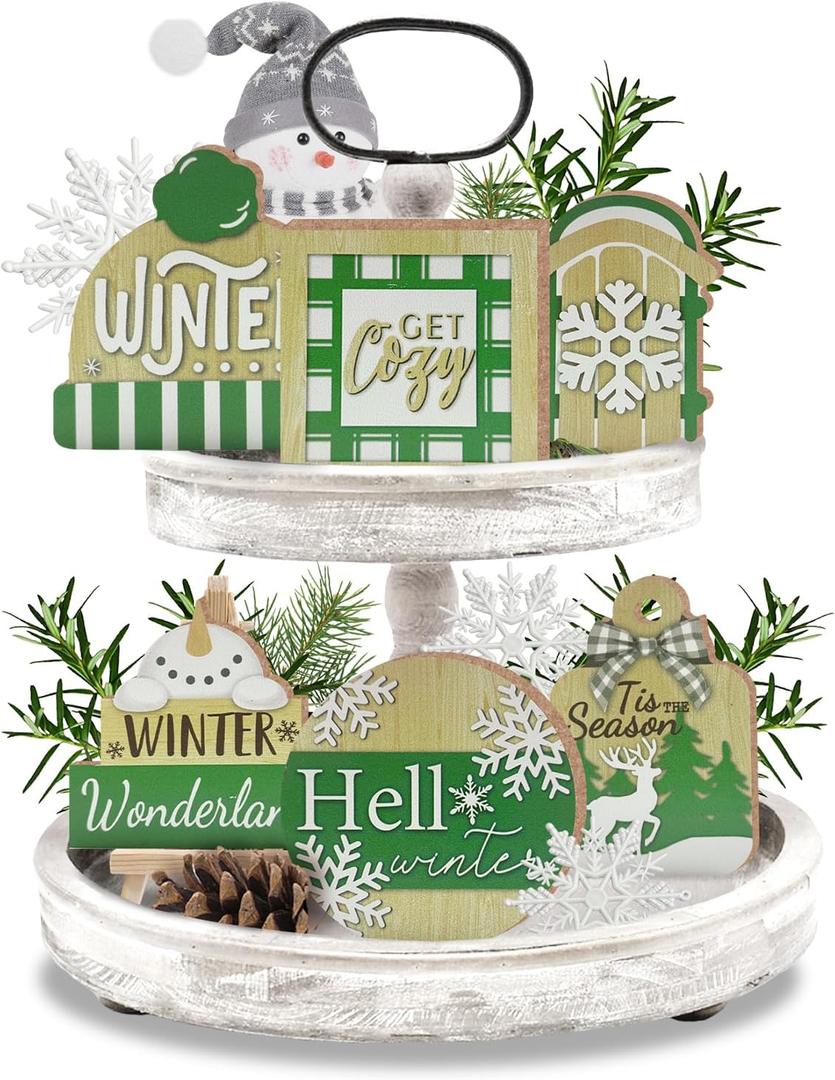 11 Pcs Hello Winter Green Tiered Tray Decor, Snowman Hat Cutting Board Farmhouse Wood Decorations Set, Snowflake Christmas Tree Rustic Wooden Decorative Signs for Home Table Shelf