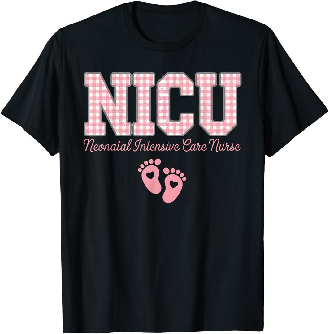 NICU Nurse Neonatal Care Pink Gingham Heart Baby Footprints T-Shirt, S