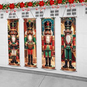 4PCS Black Nutcracker Christmas Decorations - African American Nutcracker Door Banner Soldier Model Hanging Porch Sign Banner Xmas Backdrop for Wall Fireplace Holiday Party Garden Indoor Outdoor Decor