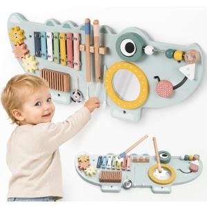 Lewo Crocodile Wall Busy Board for Toddlers Kids, Mucic Montessori Wall Activity Board, Wooden Sensory Wall Toys Panel with Instruments, Learning Activity Center for Playroom, Daycare & Classroom
