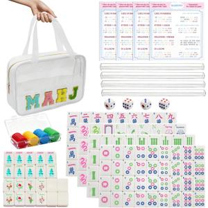 Mini Mahjong Set,American Mahjong Game Set,Complete Mahjong Tile Set with 166 White Tiles (1.2),4 Tile rulers,4 dice,1 Bag,100 Chips,5 Instruction Manuals,Mahjong Game Gift for Enthusiasts