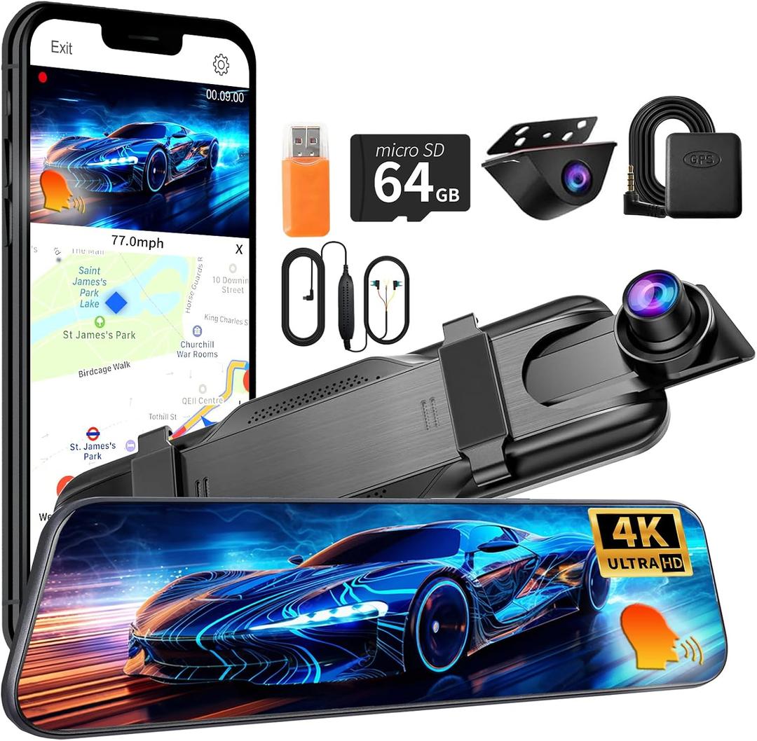 Mirror Dual Dash Camera,4K and 2.5K Dash Cam with Voice Control Rear View Mirror Camera and WiFi,GPS Dashcam for Cars with WDR Night Vision, G-Sensor, 24 Parking Monitor ABS (Include 64GB Card)